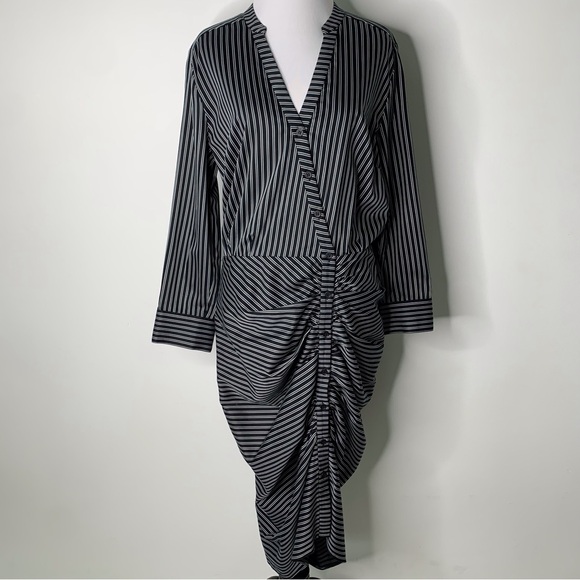 Veronica Beard Women's Blac White Ruched Striped Cotton Poplin Dress Size 10 - Picture 2 of 16